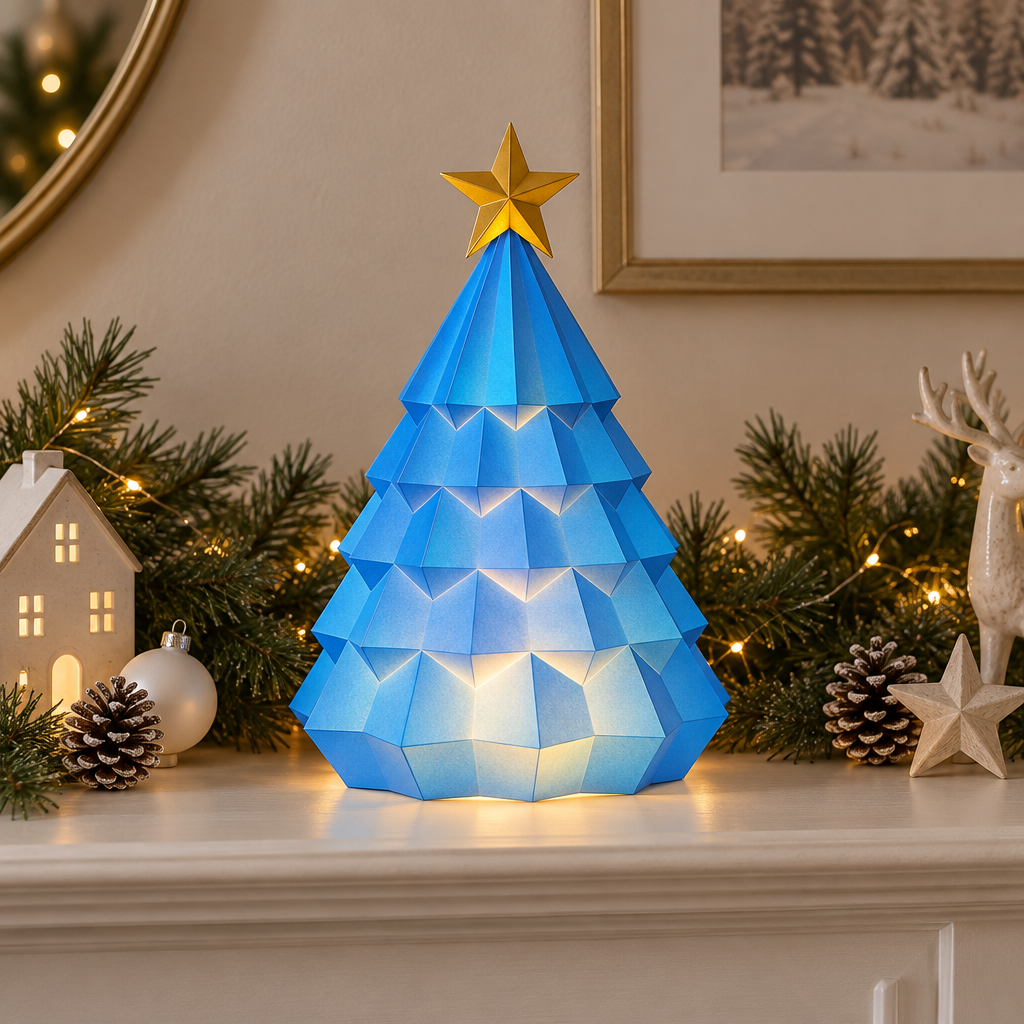 Bright blue tiered Christmas tree tealight holder with a gold star on a festive mantel