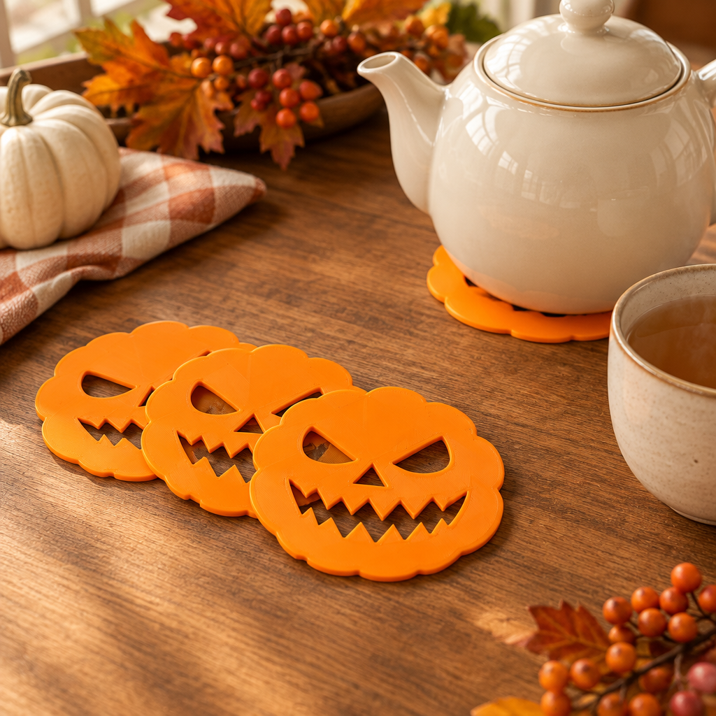 Three orange pumpkin face coasters arranged beside a cream teapot