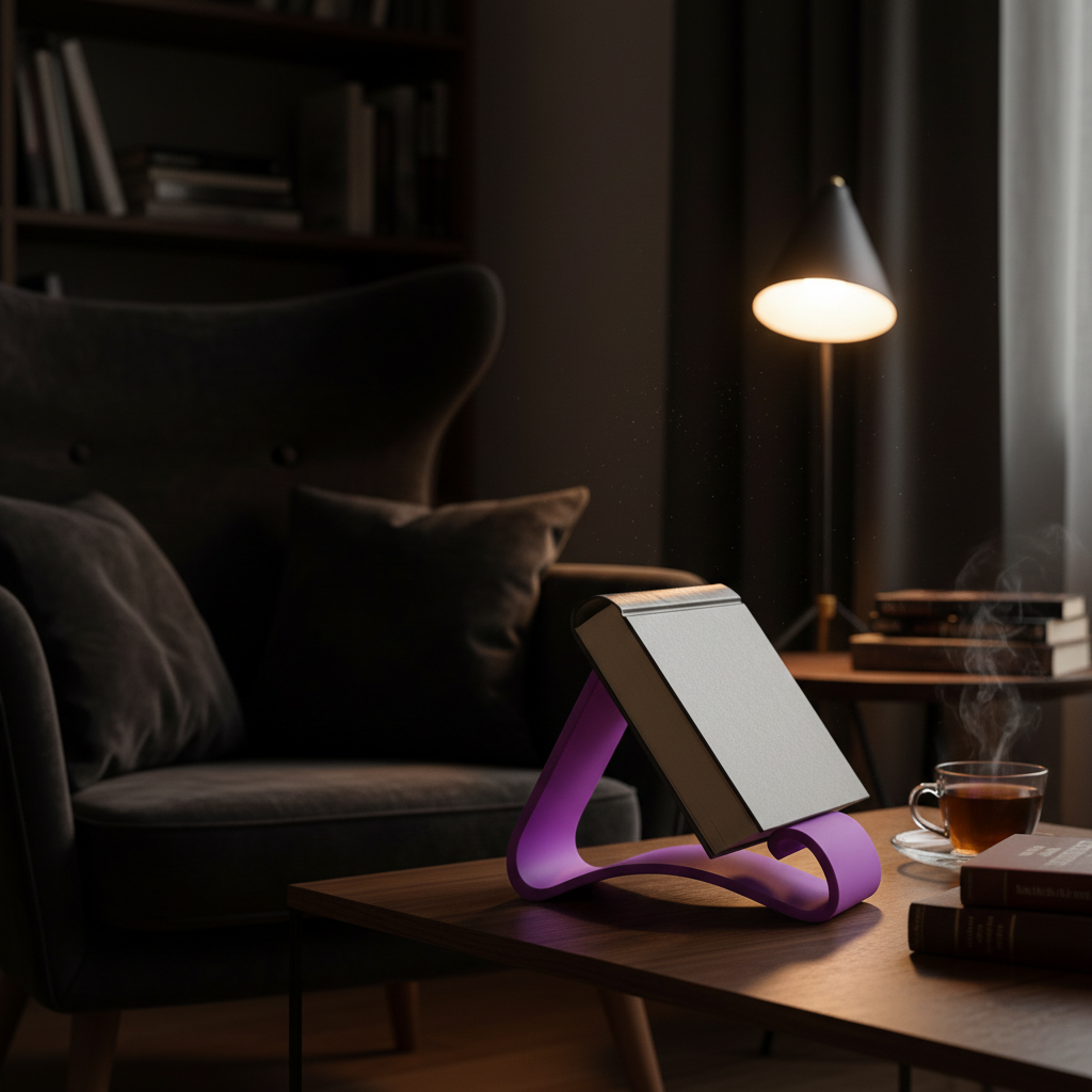 Purple Wavy Book Stand holding an open book face-down in a dark moody reading nook with velvet cushions