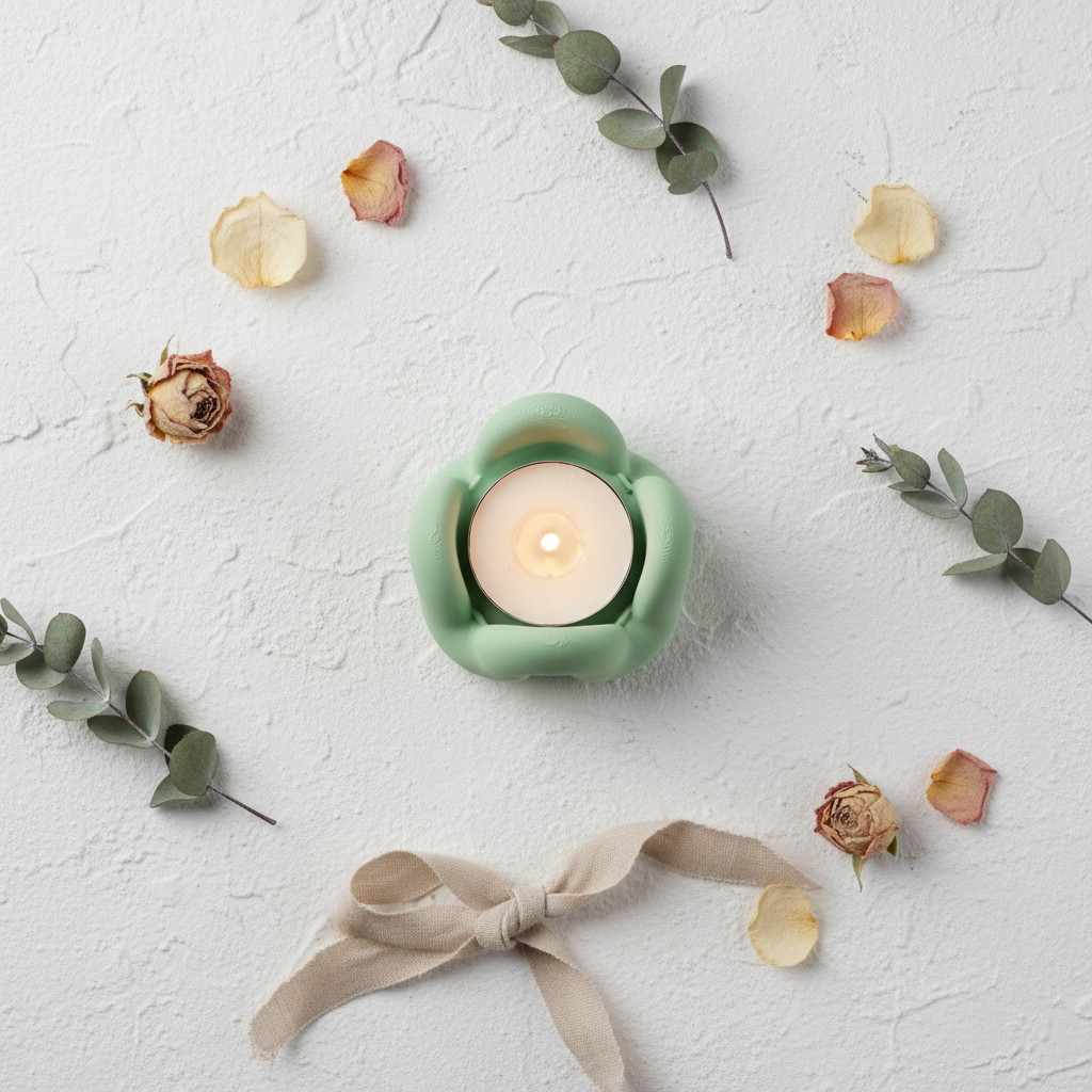Overhead flatlay of Wibble tealight holder with dried petals and eucalyptus
