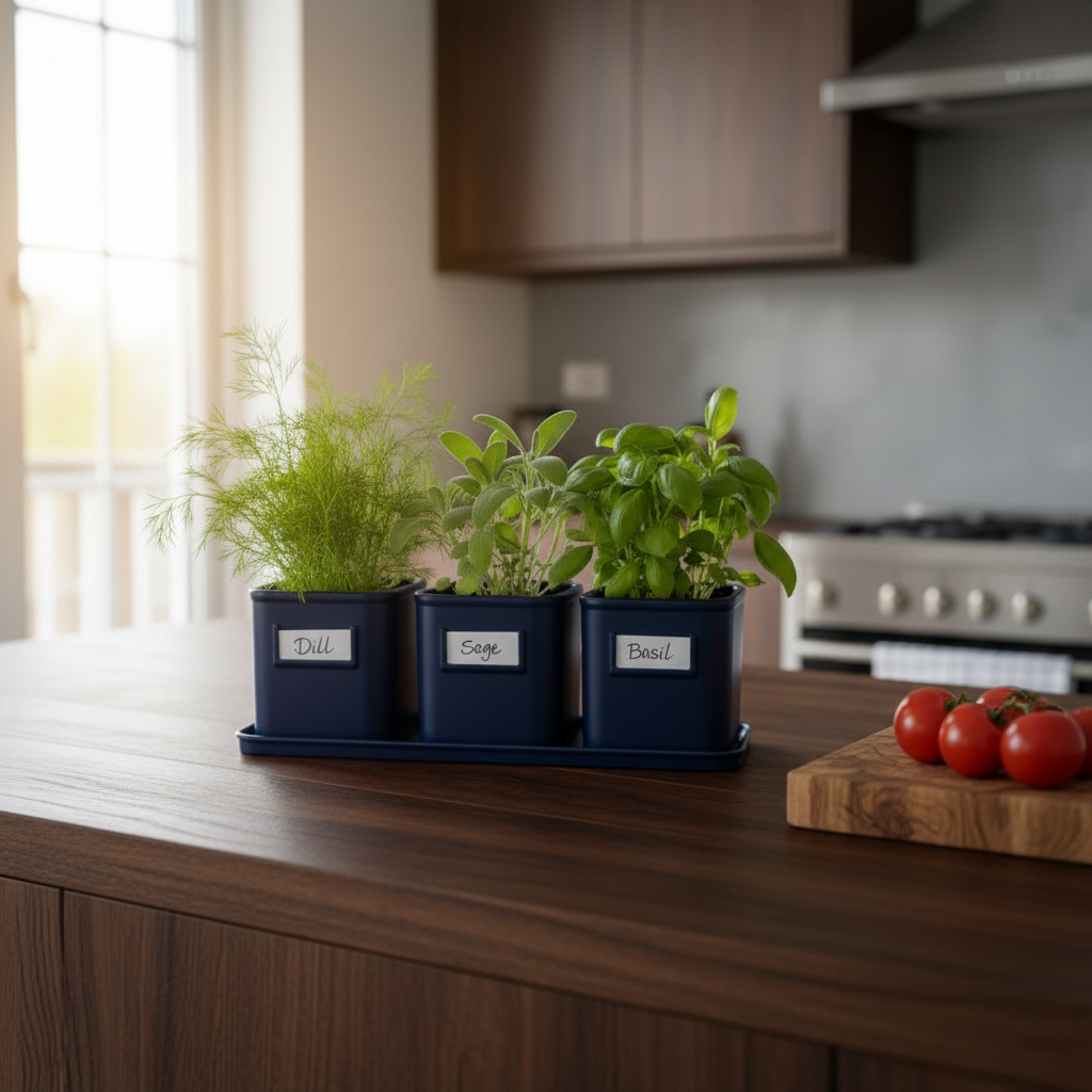 Deep blue herb pot set with fresh herbs on a dark wooden kitchen counter