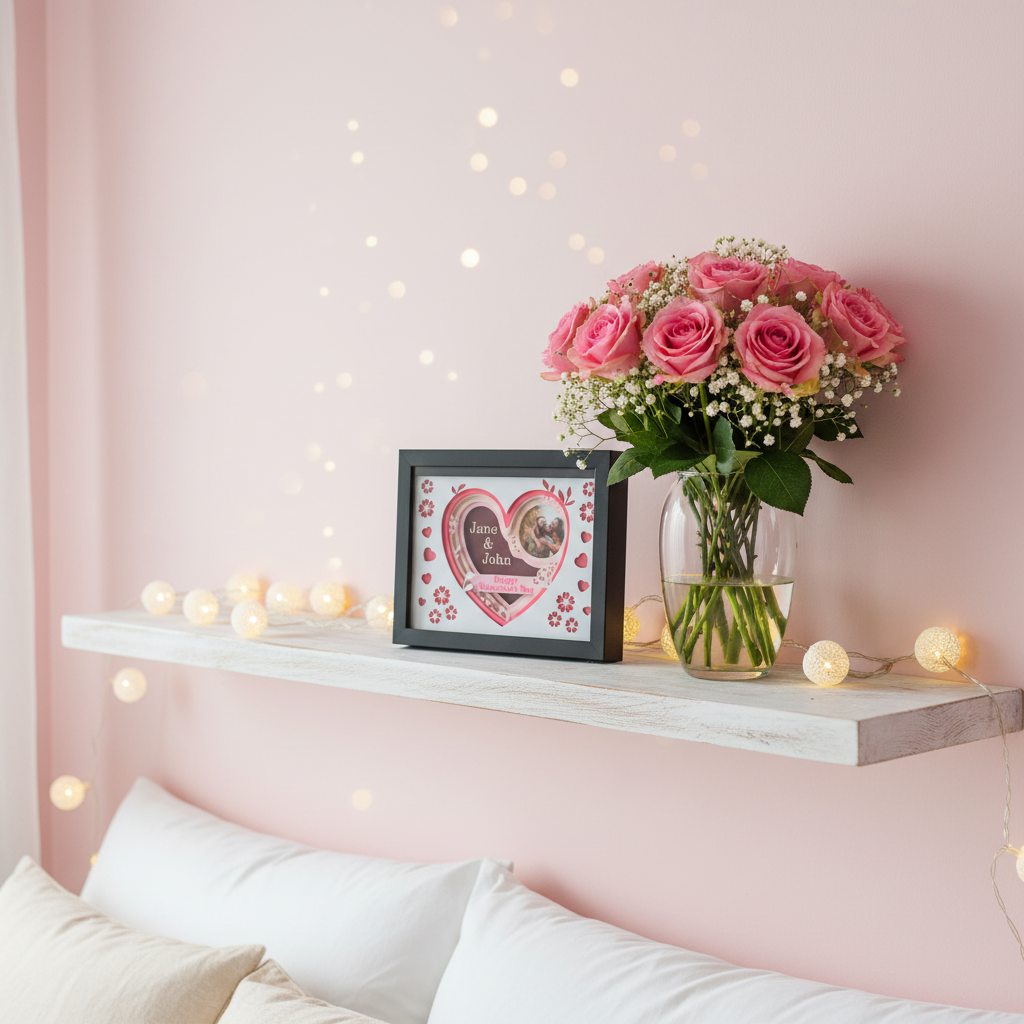 Personalised Valentine's Day Heart Shadow Box displayed on pastel pink wall in cosy bedroom with fairy lights and pink roses