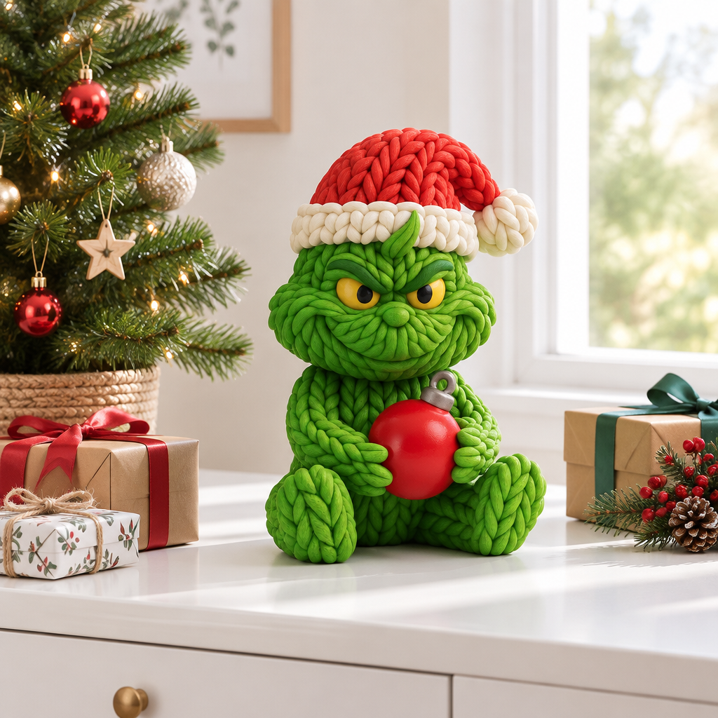 Knitted Grinch figure on a bright sideboard beside gifts and a small tree