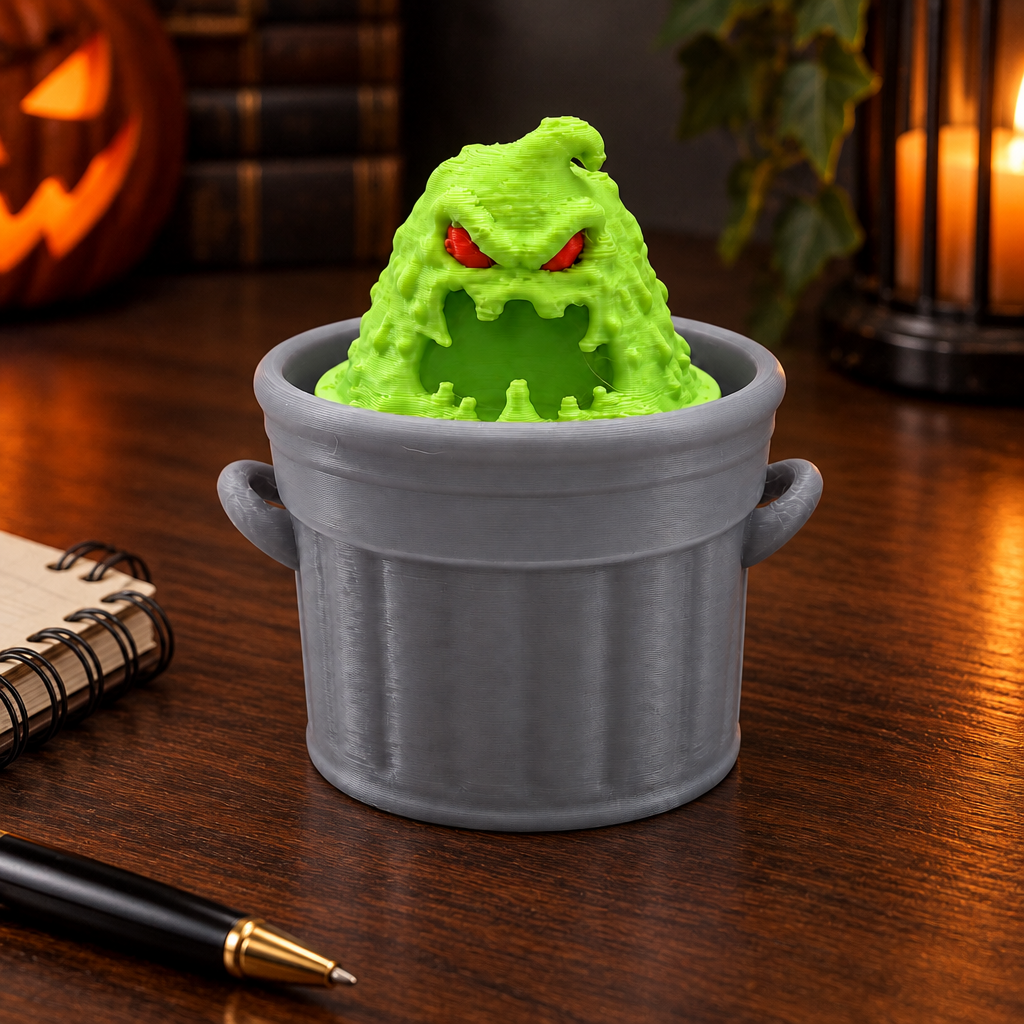 Trash Slime Monster Clicker on dark oak desk