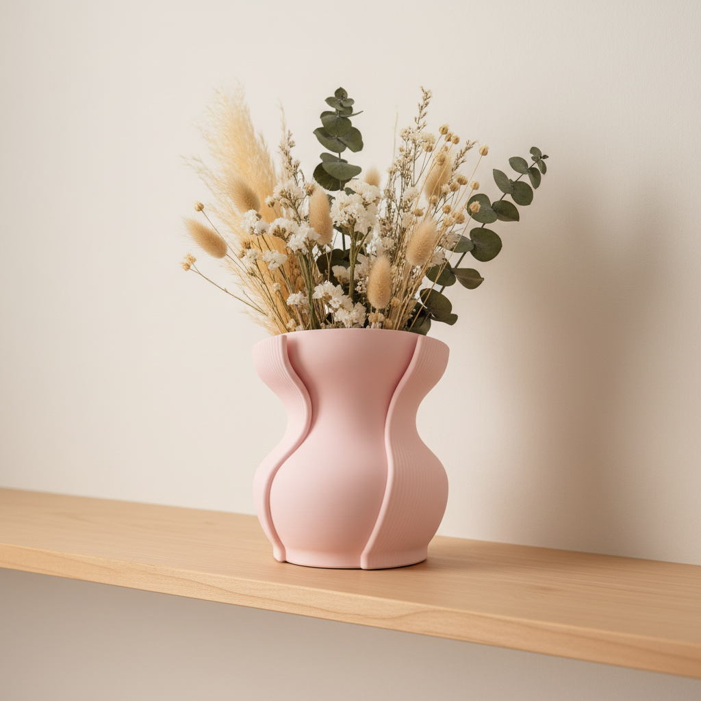 Aera vase in matte black with dried flowers on a wooden shelf in a minimalist interior