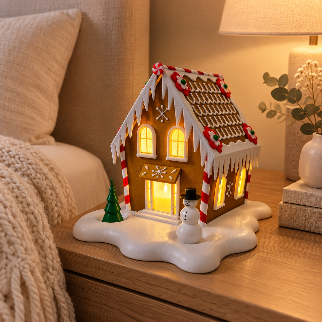 Gingerbread cabin tealight holder styled on a bedside table beside a cream knit throw