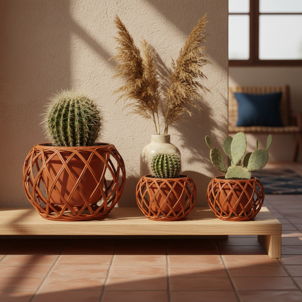 Rattan Retro Bloom Planter in orange — coordinated retro collection lifestyle