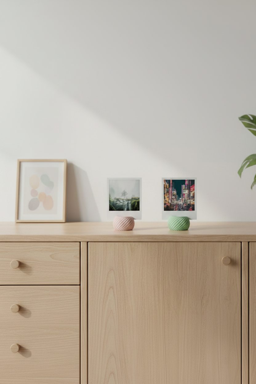 Two Swirl Base Photo Holders blush pink sage green matte pebble swirl twist texture each holding polaroid travel landscape print pale oak bedside table reading lamp paperback warm bedroom evening light portrait