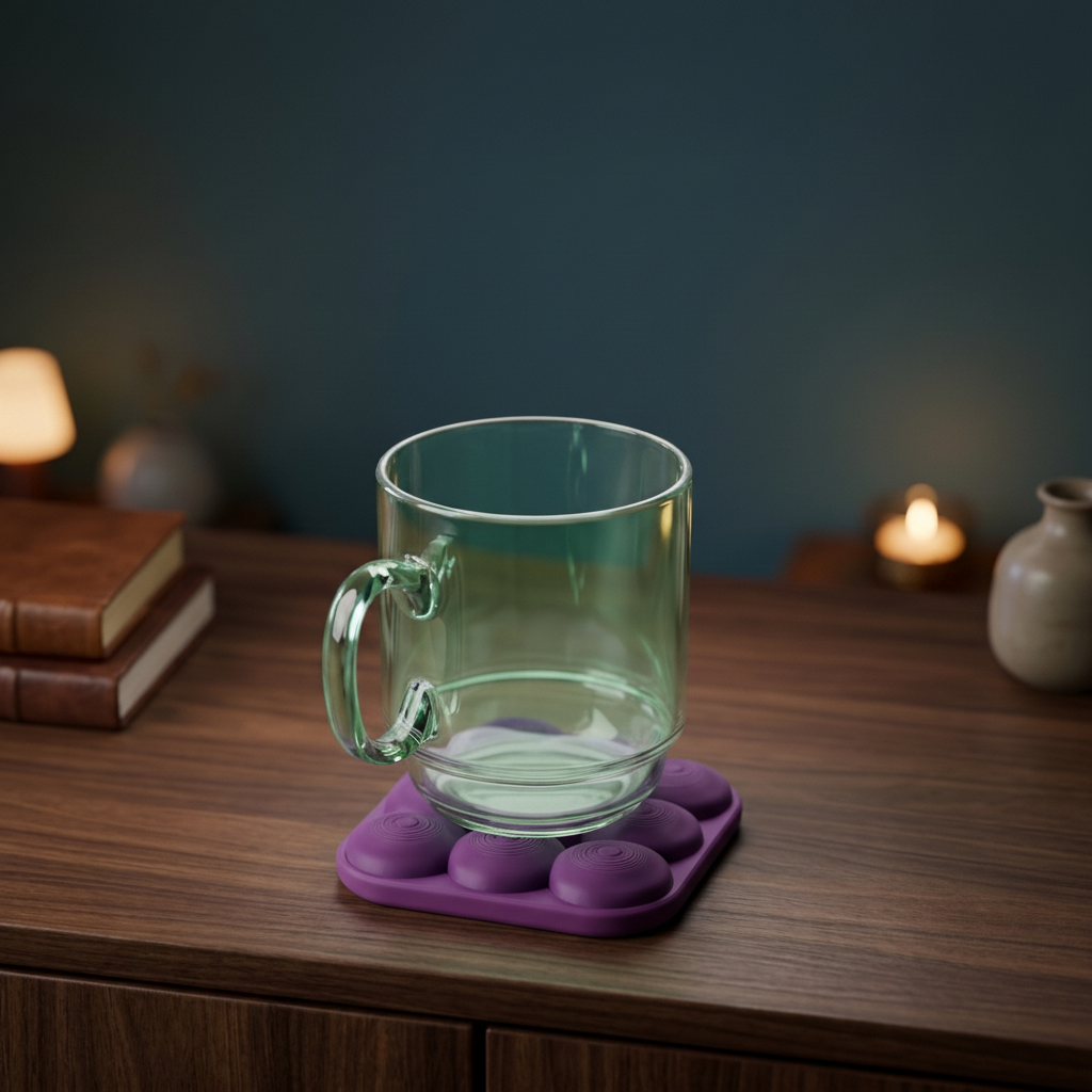 Purple coaster with glass mug candlelit - lifestyle