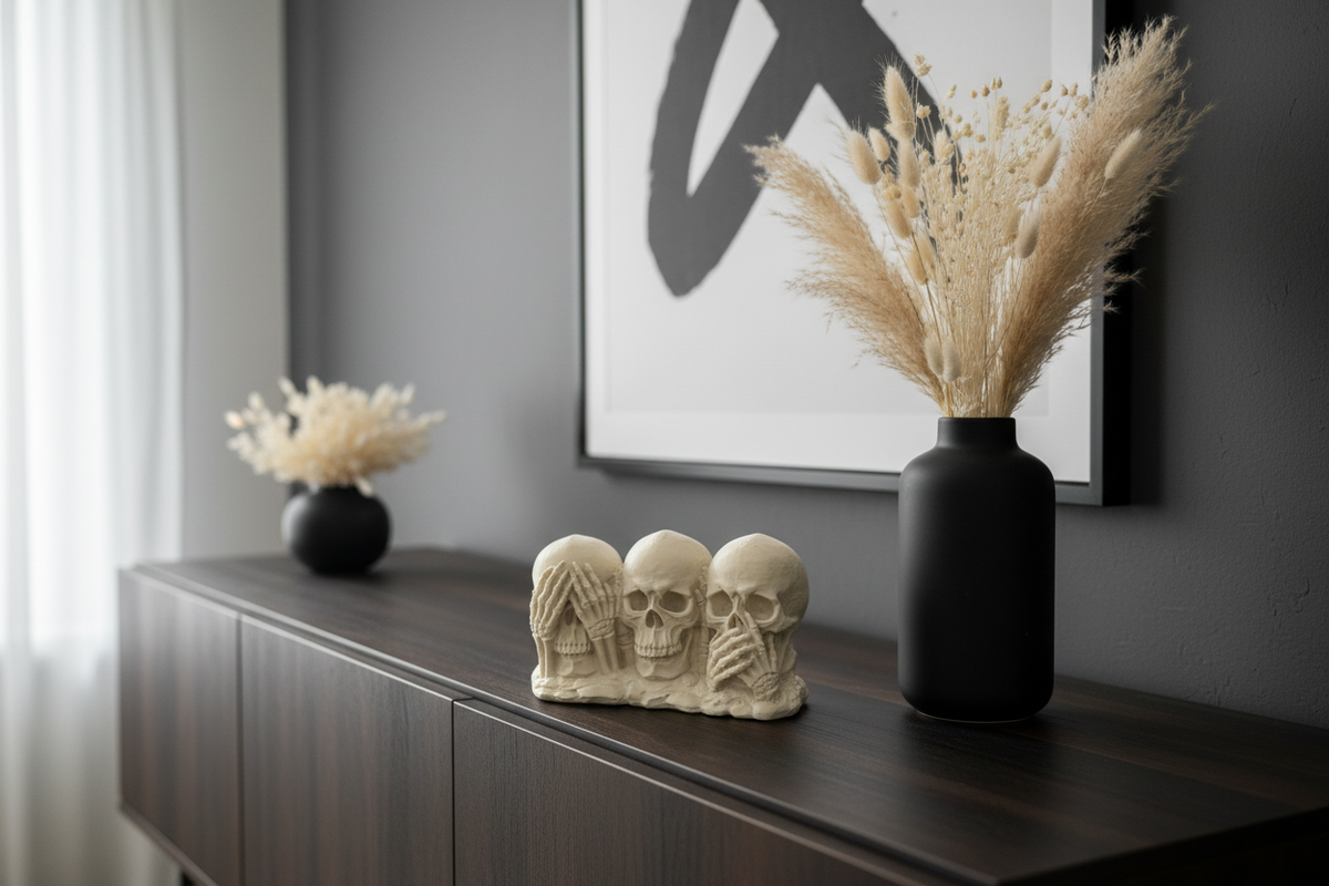 See No Evil Hear No Evil Speak No Evil Skull sculpture on a modern gothic sideboard