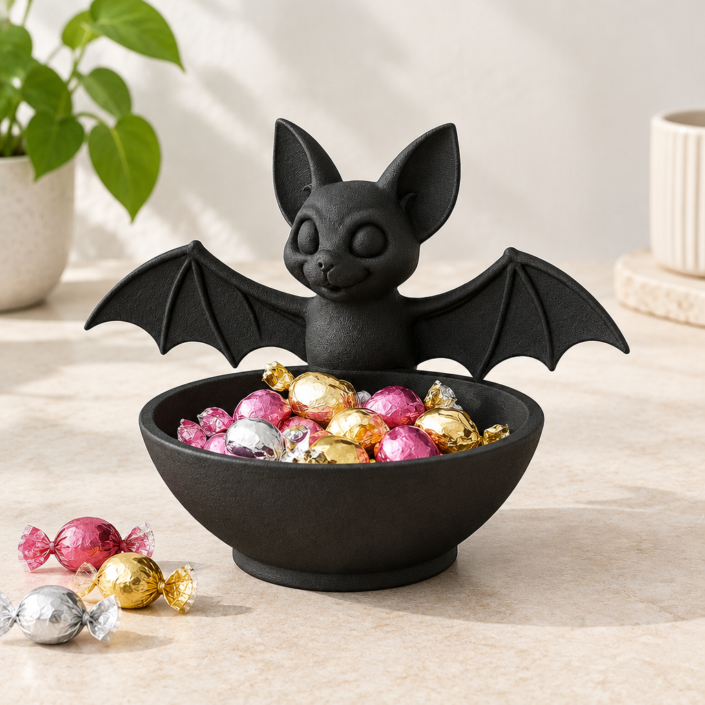 Black Bat Sweet Tray with wrapped treats on a pale stone table