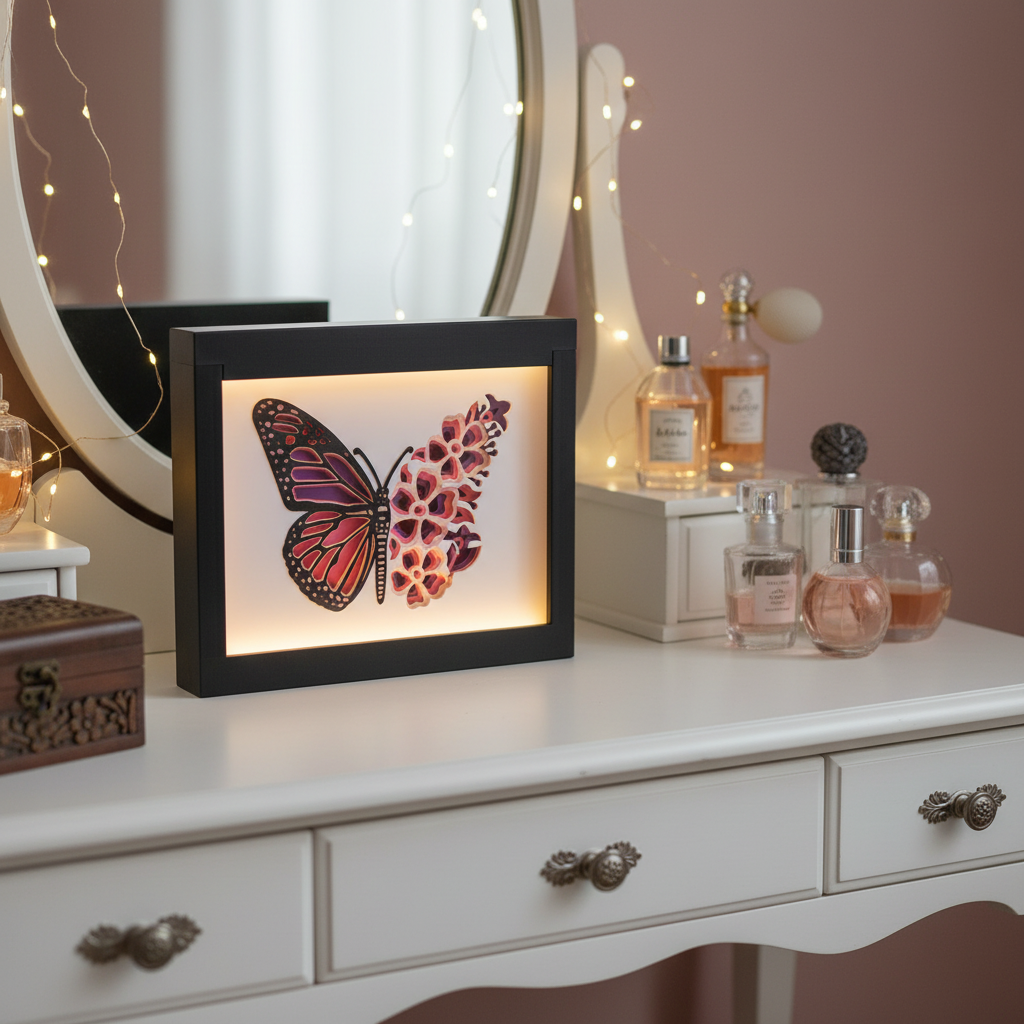 Butterfly Shadow Box displayed on a dressing table in a feminine bedroom with perfume bottles and fairy lights