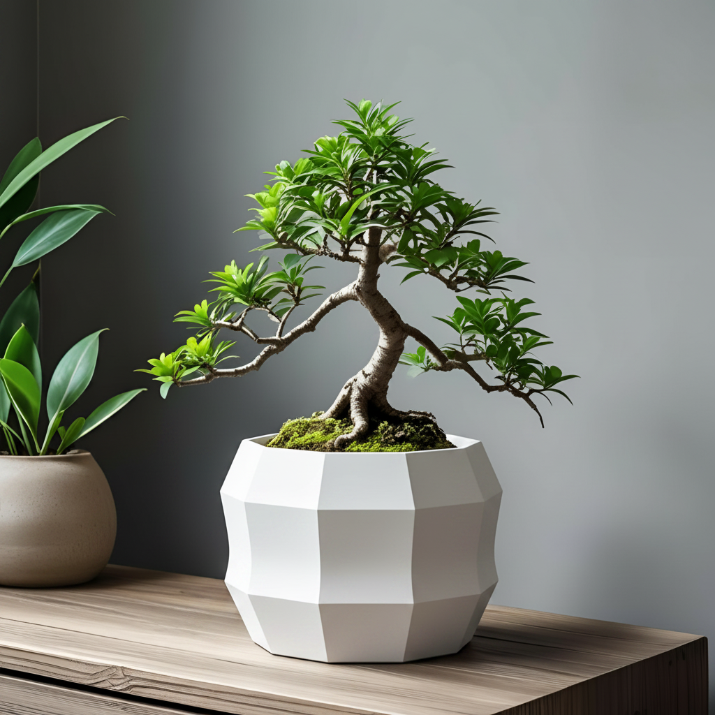 Decagonal flowerpot in matte white with trailing pothos on a minimalist white shelf
