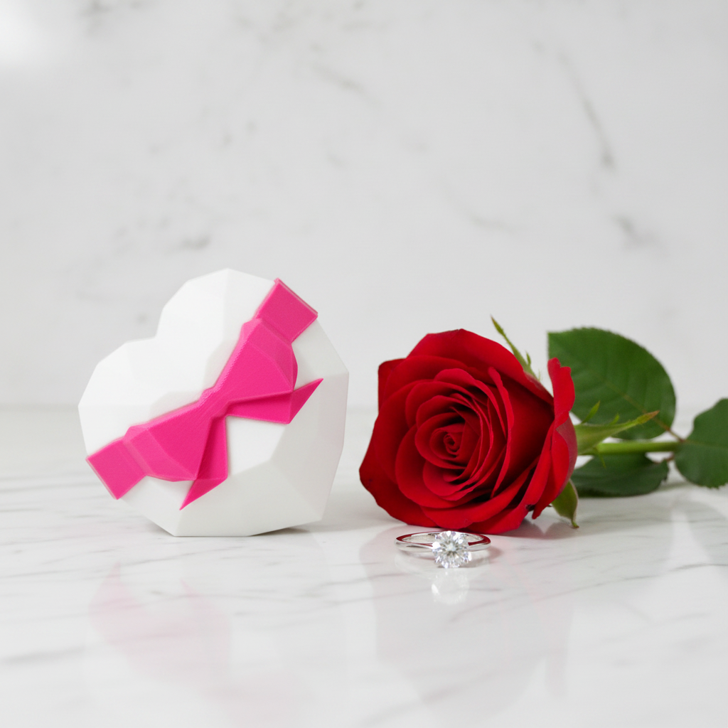 Heart-Shaped Ring Box in white — closed on marble surface with red rose and engagement ring beside it
