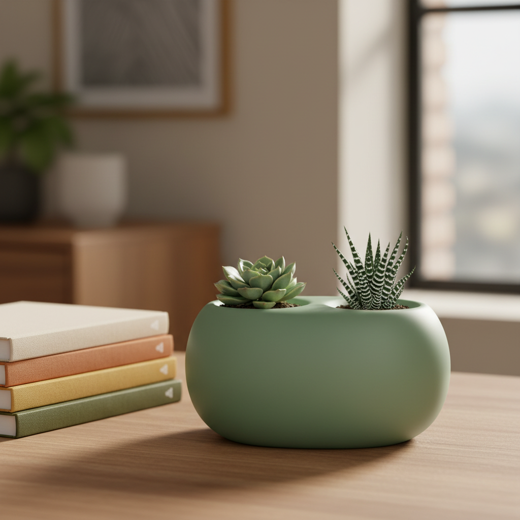 Round Dual-Chamber Self-Watering Plant Pot in sage green — home office desk lifestyle