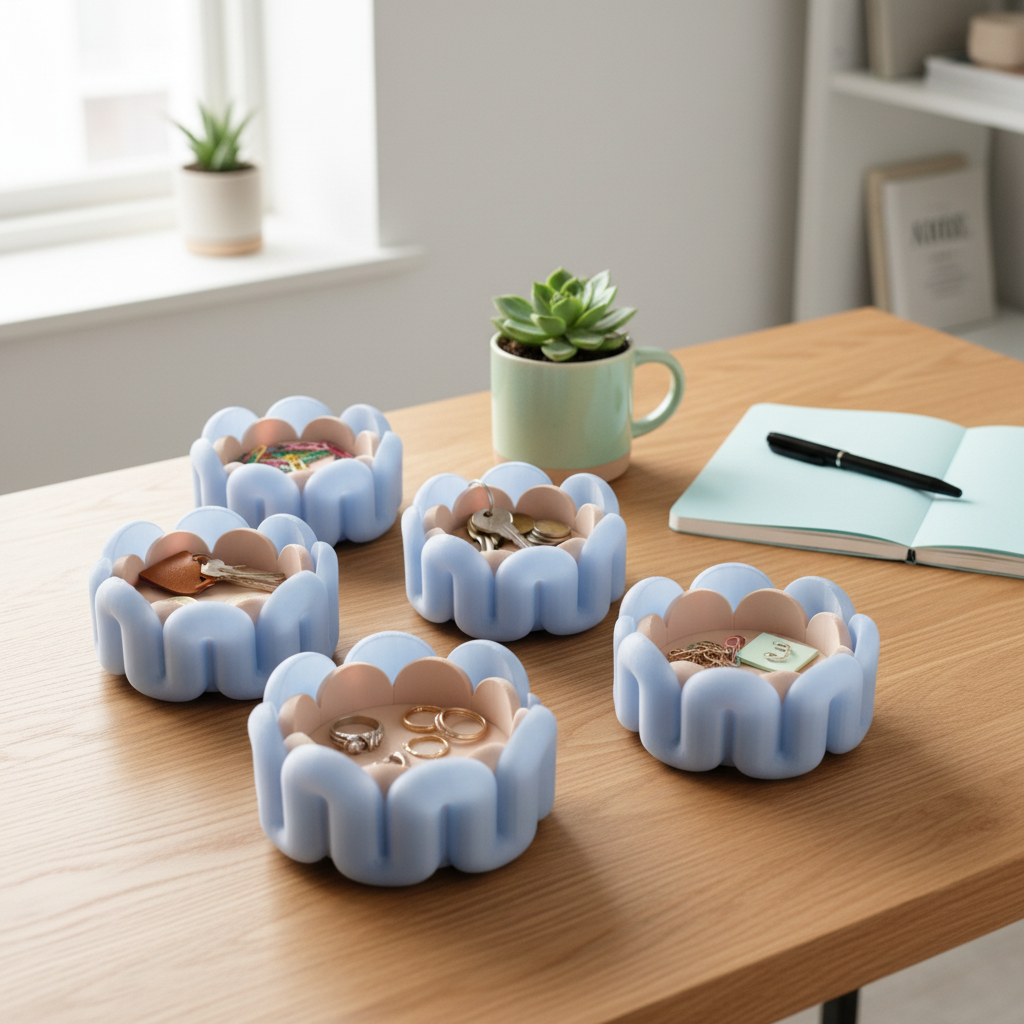 Blue wibble trays spread on oak desk with jewellery keys coins succulent home office lifestyle