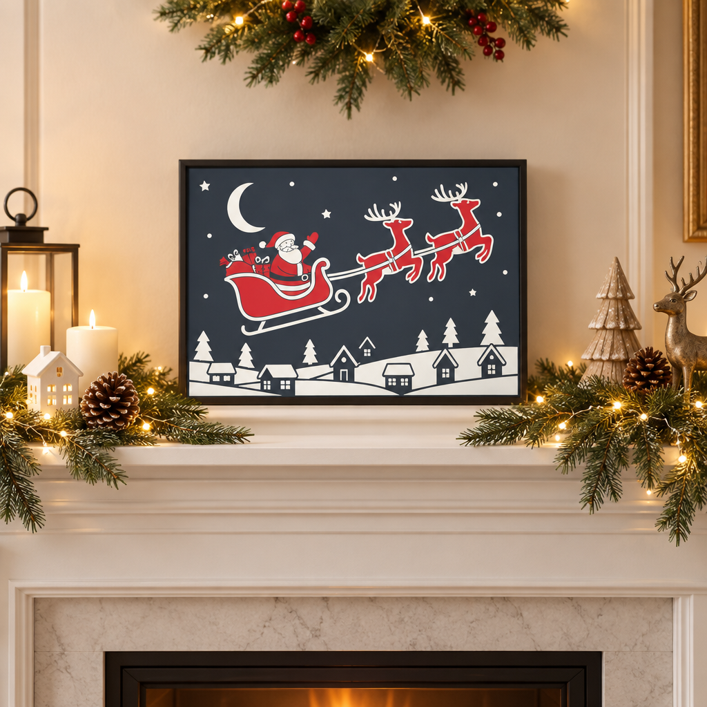 Framed Santa sleigh picture styled on a pale oak shelf with winter greenery