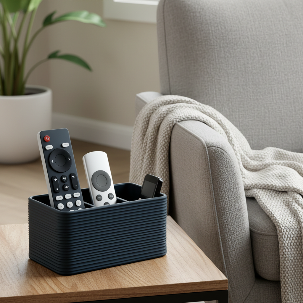 Ribbed remote holder with remotes on a wooden side table by an armchair