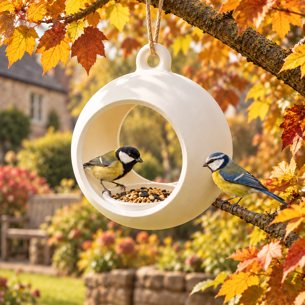 Round hanging feeder among autumn leaves
