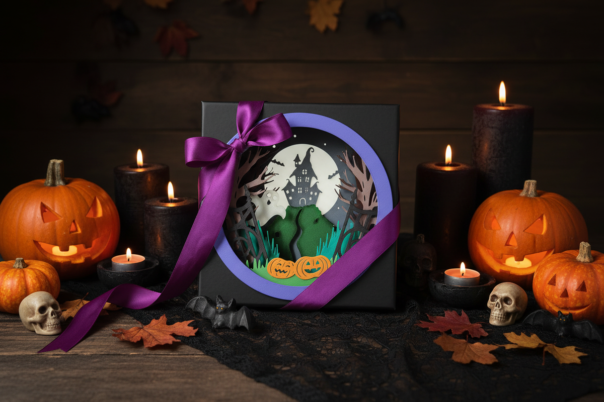 Halloween Shadow Box 2023 presented as a Halloween gift in a matte black box with purple ribbon and Halloween decorations