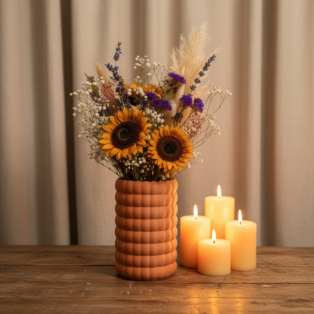 Terracotta orange Bubble Bloom vase with dried sunflowers on a rustic wooden dining table with candles
