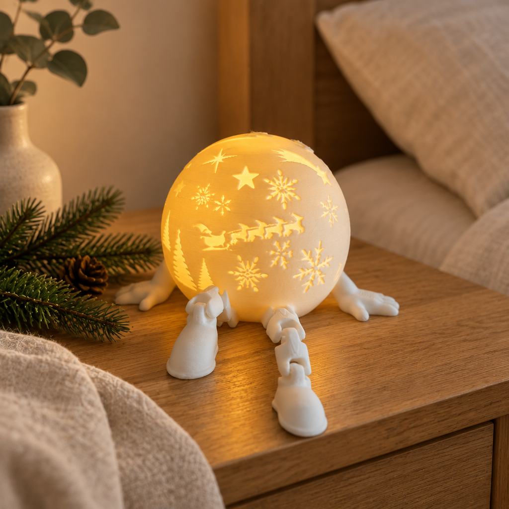 White legged snow-globe tealight holder displayed on a neutral oak bedside table
