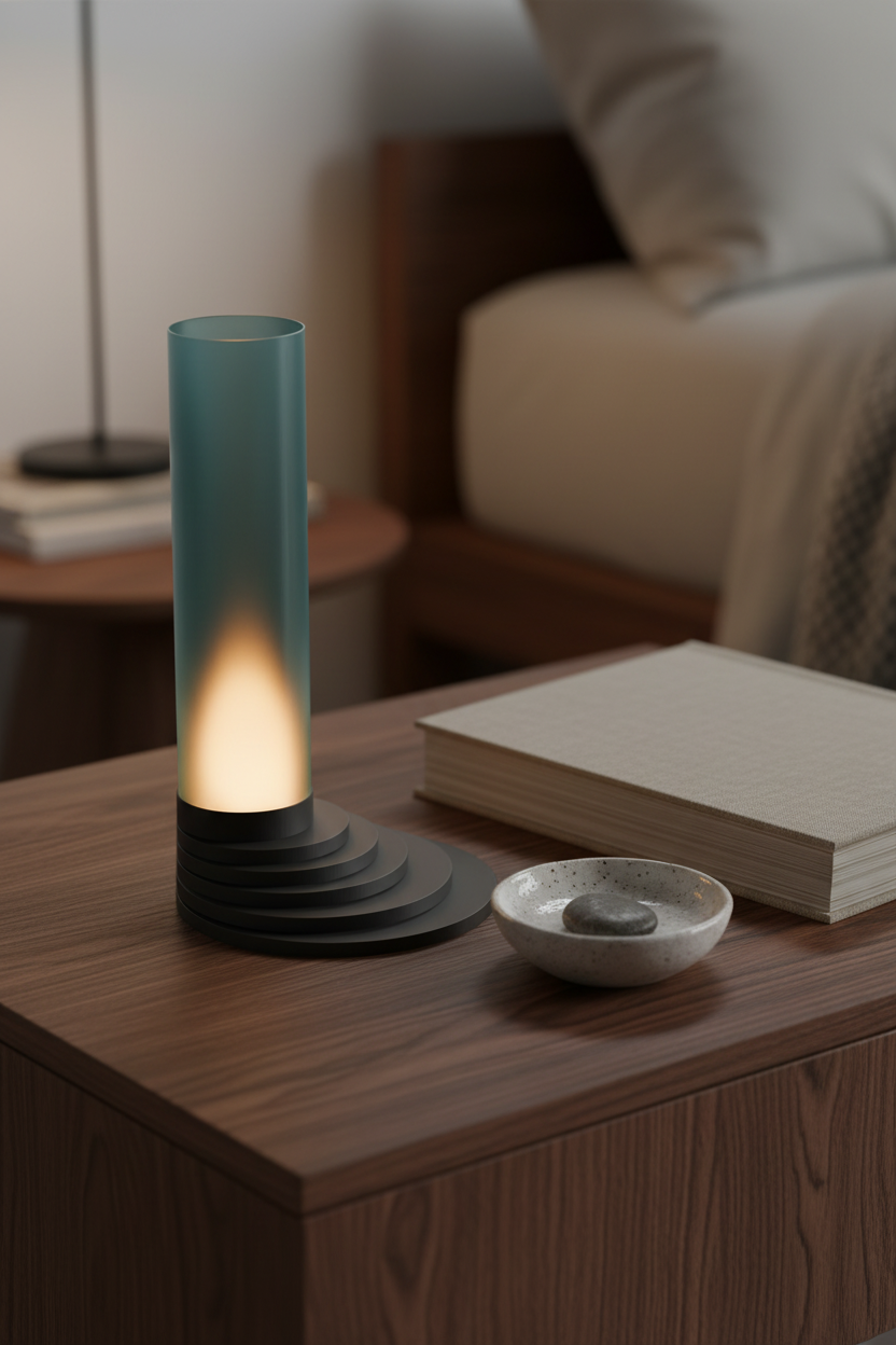 Stepped tealight holder glowing warmly on dark oak bedside table