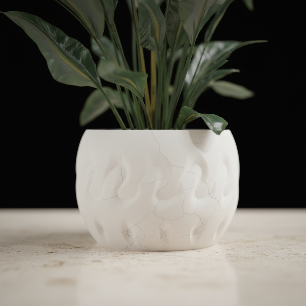 Modern Textured Planter Pot chalk white matte rounded bowl organic flame-dent impressions macro close up pale travertine black studio background soft directional raking light every flame-dent impression smooth rounded rim precise sculptural shadow detail square editorial