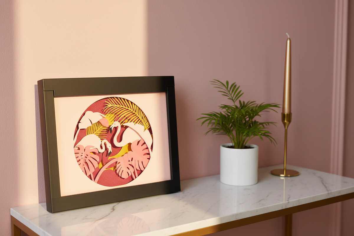 Flamingo Paradise Shadow Box on a marble console table against a blush pink wall
