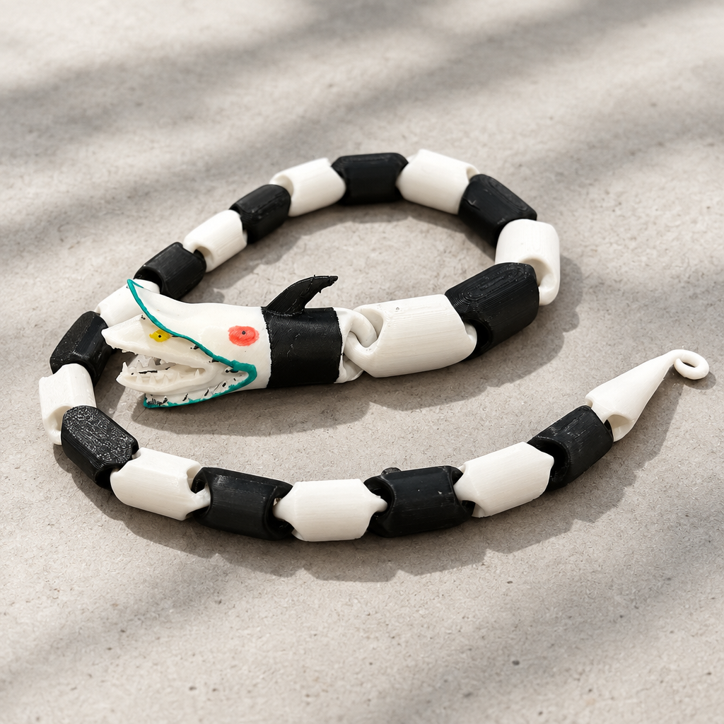 Black and white snake fidget on a pale concrete surface with soft shadows