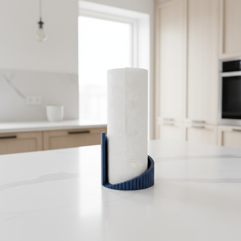Twisted Ribbed Paper Towel Holder - blue colourway on white quartz kitchen island, Scandinavian minimalist kitchen