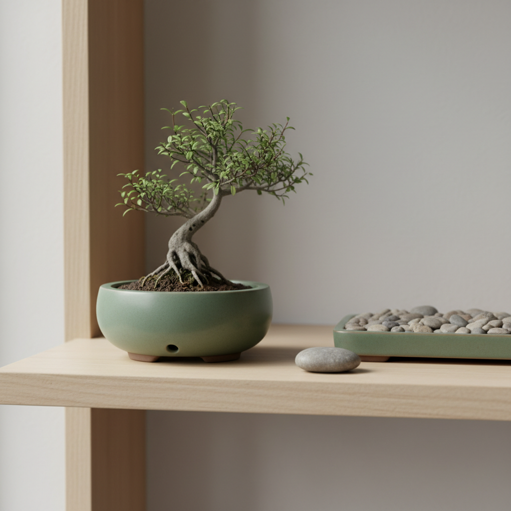 Sage green minimalist bonsai pot with bonsai tree on wooden shelf, Japanese zen lifestyle