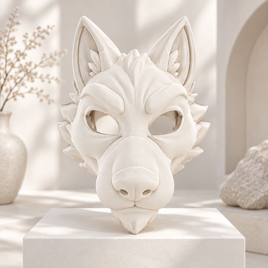 Ivory white Dire Wolf fantasy mask displayed in a bright studio, without a strap