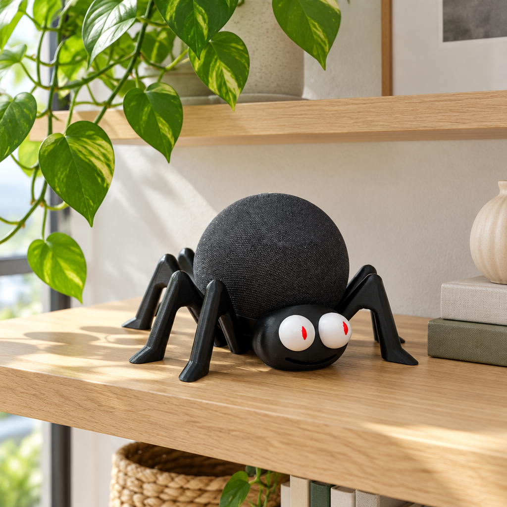 Spider Echo Dot skin on a light oak shelf under a trailing pothos