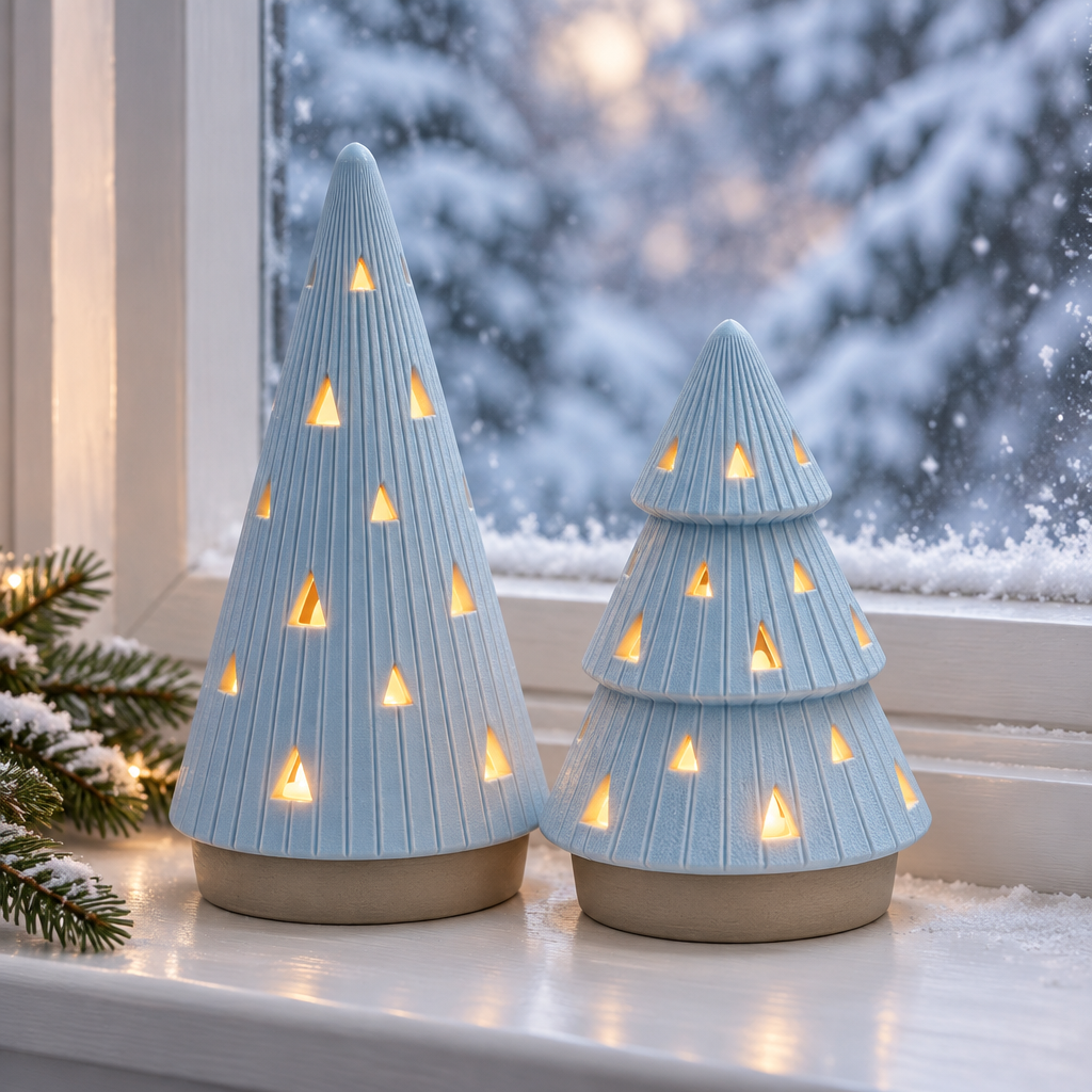 Blue ribbed tree tealight holders by a snowy window with fixed beige bases