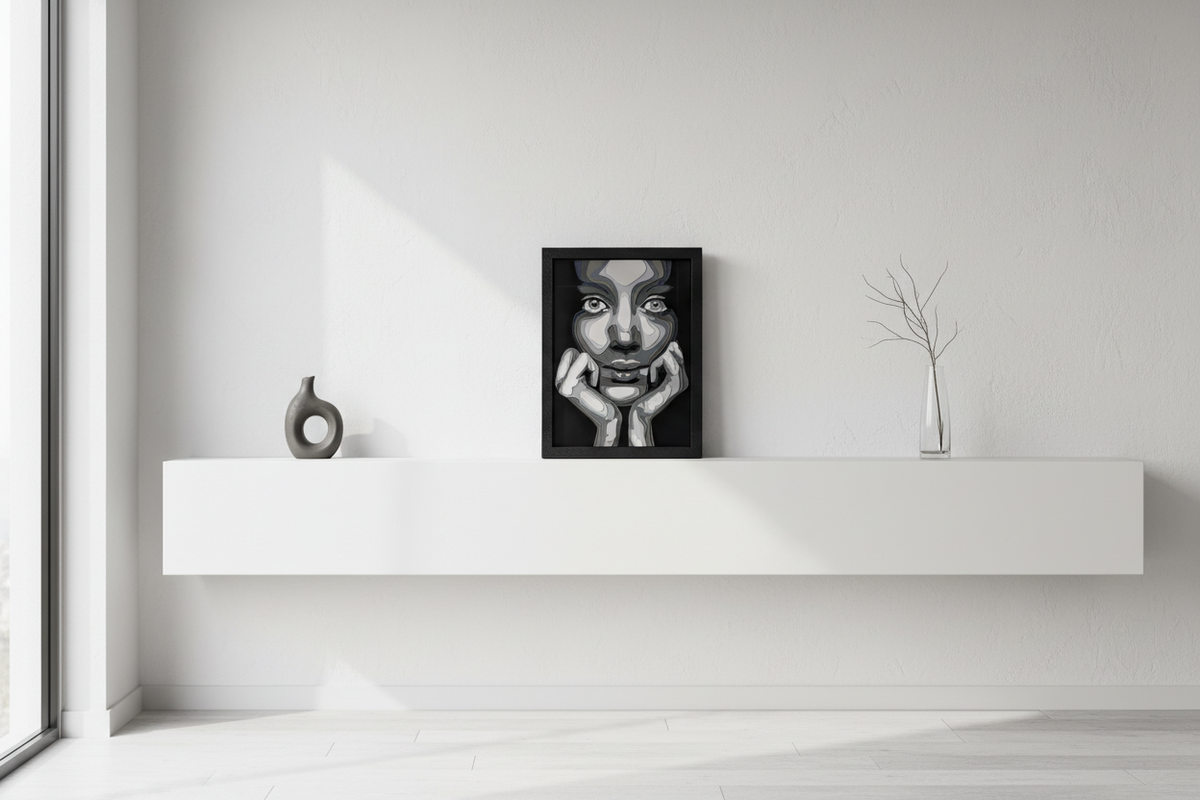 The Girl in Layers Shadow Box displayed on a minimalist white shelf in a modern living room