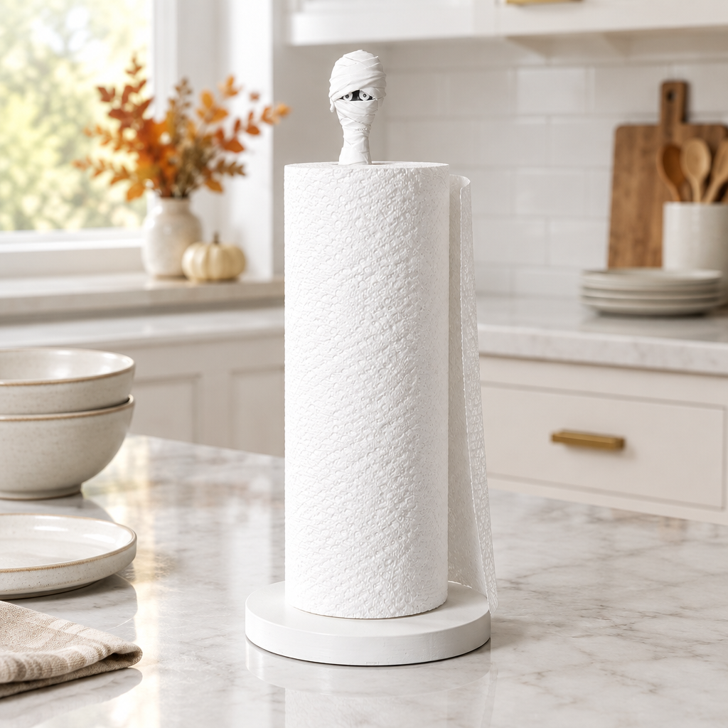 White mummy kitchen roll holder on a pale marble island