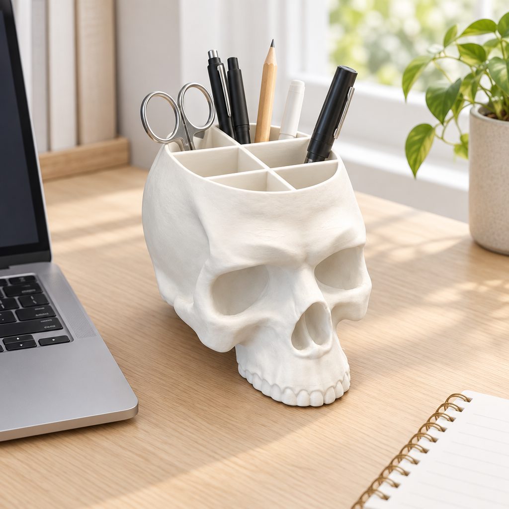 White skull desk organiser holding pens and scissors beside a laptop