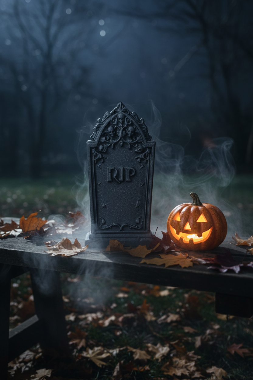 Scary Halloween tombstone dark grey sparkle gothic skull vine arch RIP outdoors night dry fallen leaves carved pumpkin candle glow ground fog moonlit atmospheric Halloween night garden scene portrait