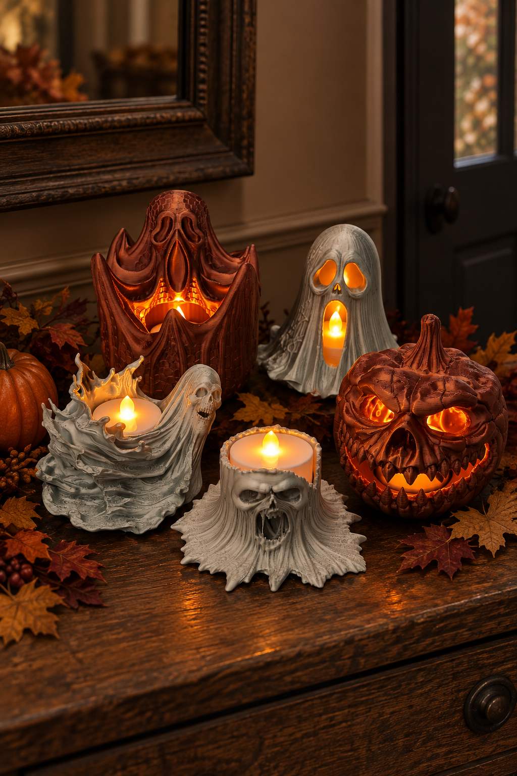 Five horror-themed tealight holders displayed together on an entryway console with autumn leaves