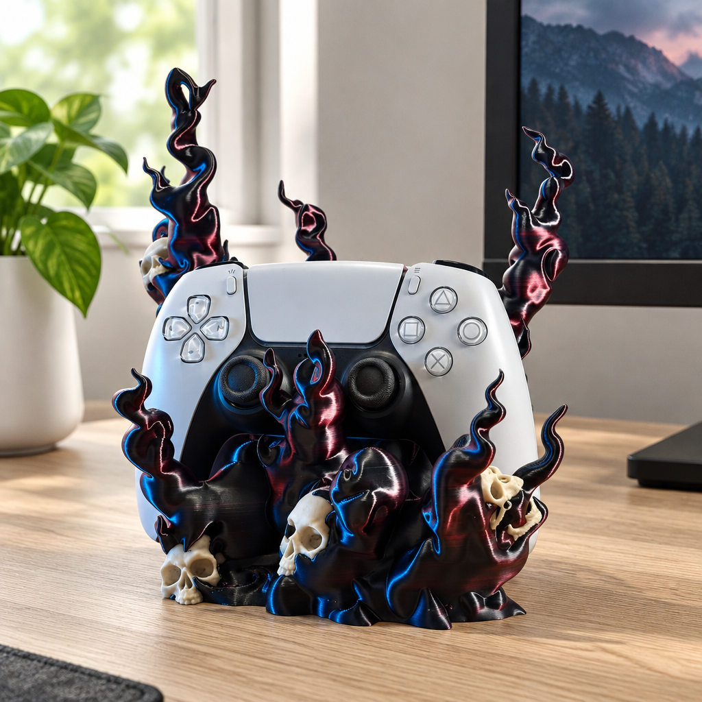 Skull flame controller holder displaying a white and black PlayStation-style controller on an oak desk