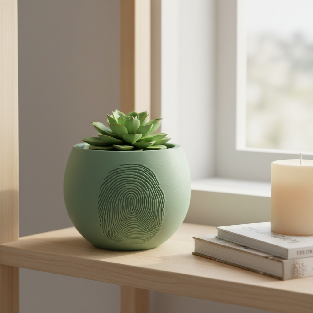 Sage green Caught fingerprint plant pot with a small succulent on a wooden shelf with books and a candle