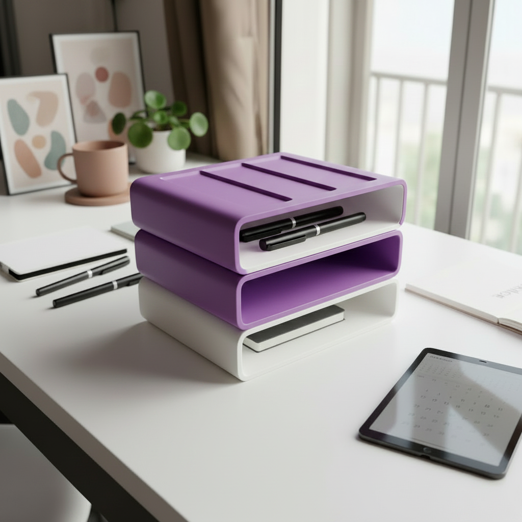 Purple stackable organizer on a contemporary white desk with art prints