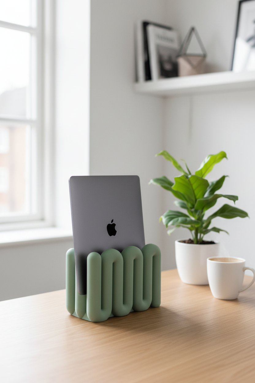 Sage green wibble stand on oak desk with MacBook - lifestyle