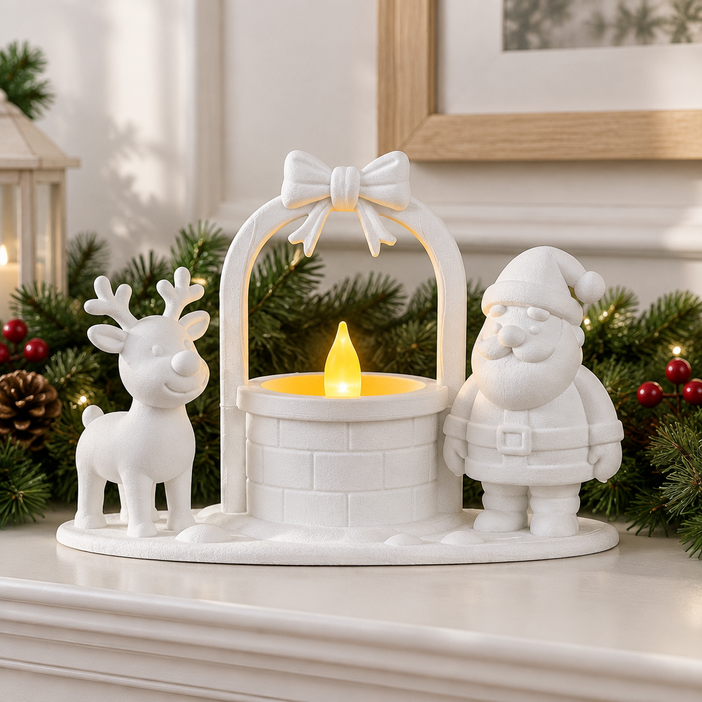Santa and reindeer tealight well scene on a white mantel with restrained greenery