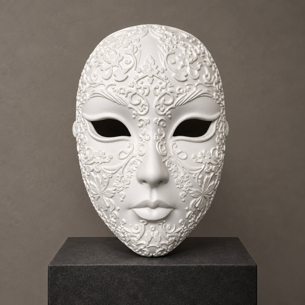Ornate white Halloween mask on a charcoal display plinth