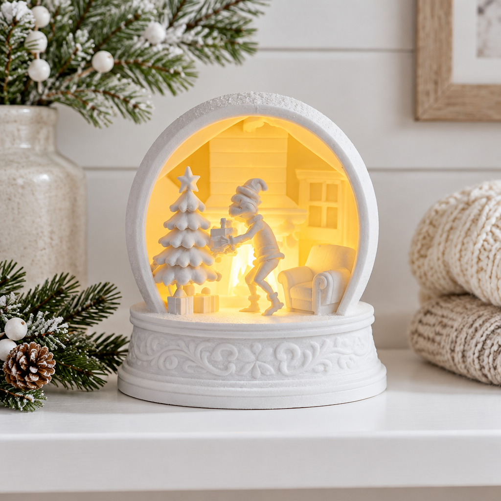 White Grinch Christmas tealight holder on a bright shelf with winter greenery