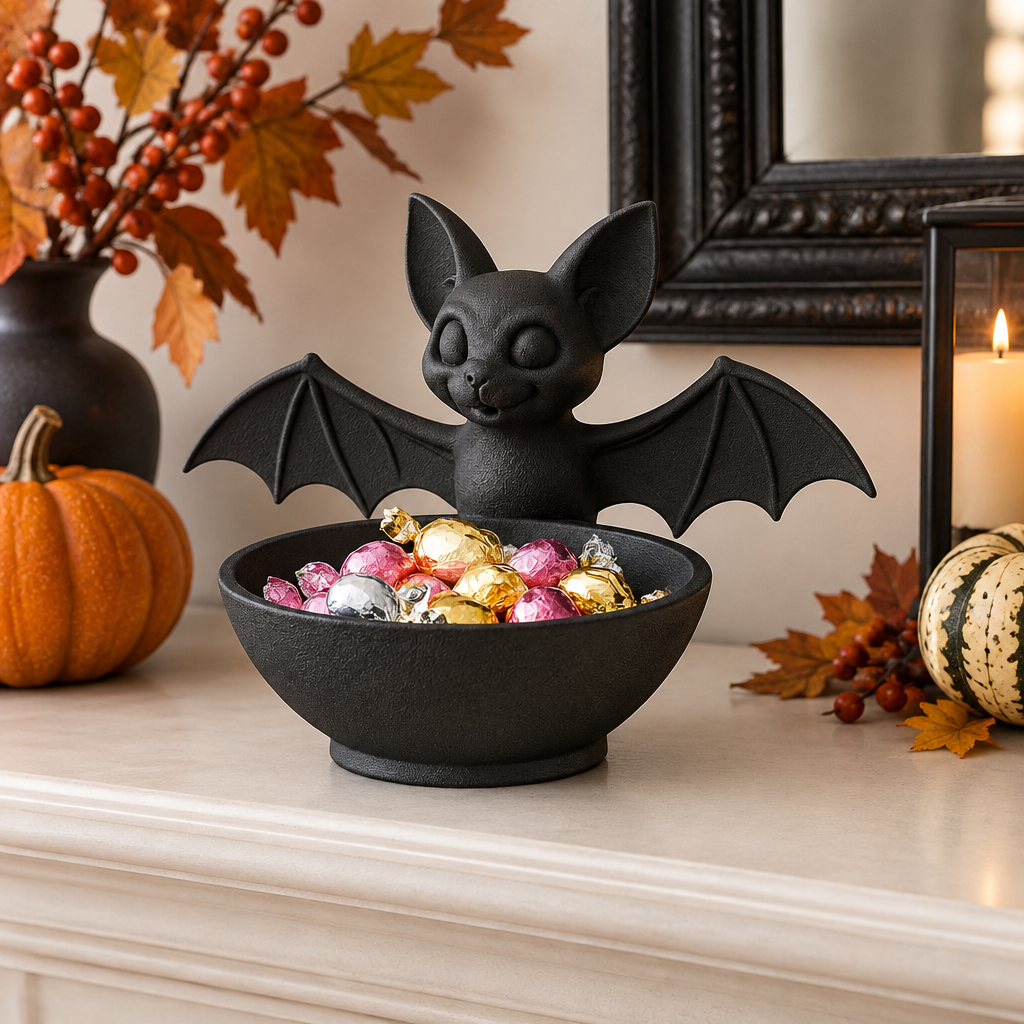 Black Bat Sweet Tray with sweets on a pale mantel