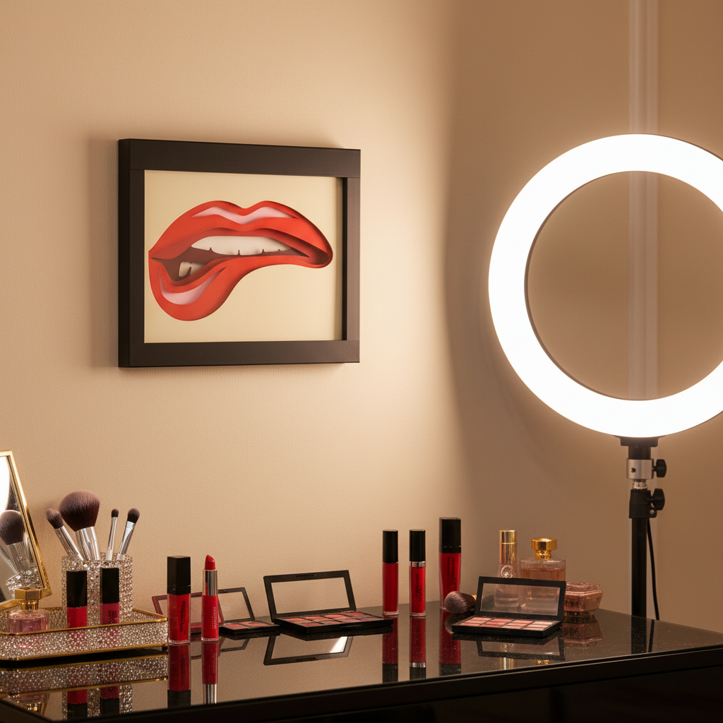 Lips Shadow Box displayed in a chic beauty salon or makeup studio setting