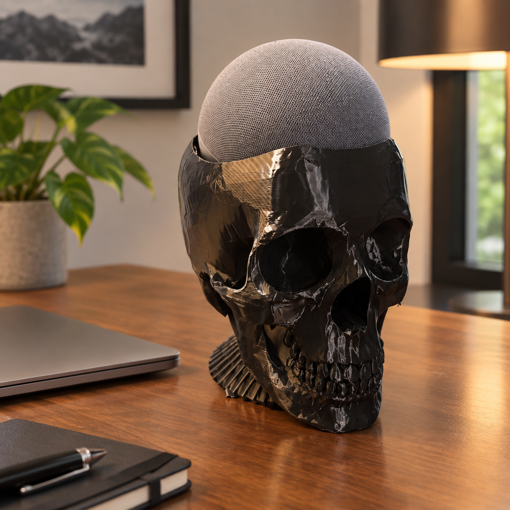 Large glossy black skull with a grey smart speaker as the dome on a wooden desk with a laptop and notebook